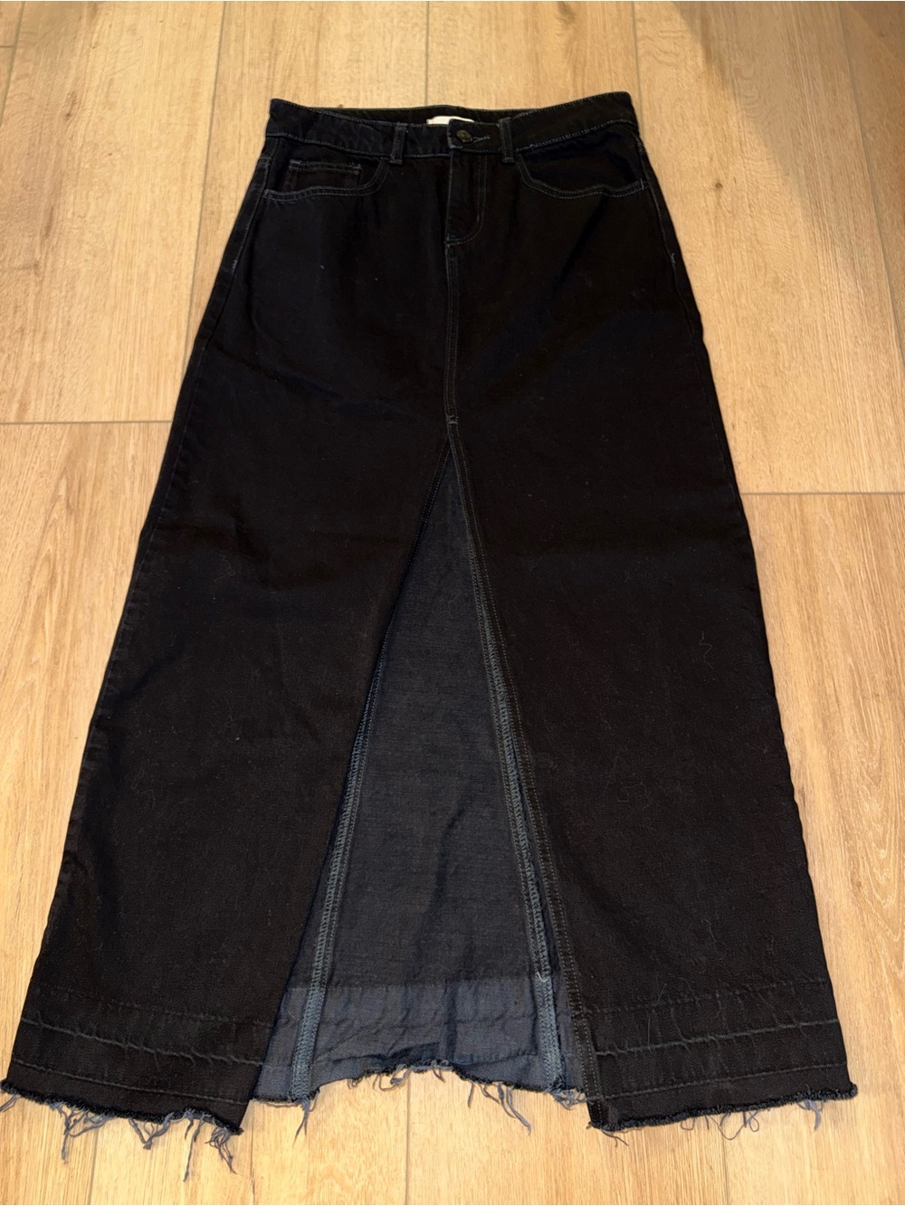 BDG Urban Outfitters Black Denim Maxi Skirt Raw Hem Front Slit S/P
